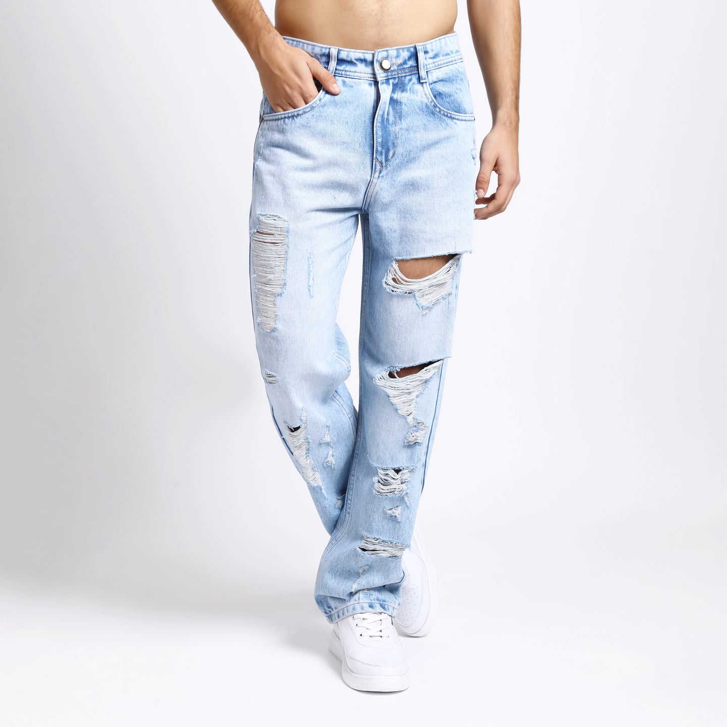ICE BLUE BAGGY FIT DISTRESSED JEANS TEDDY 4773